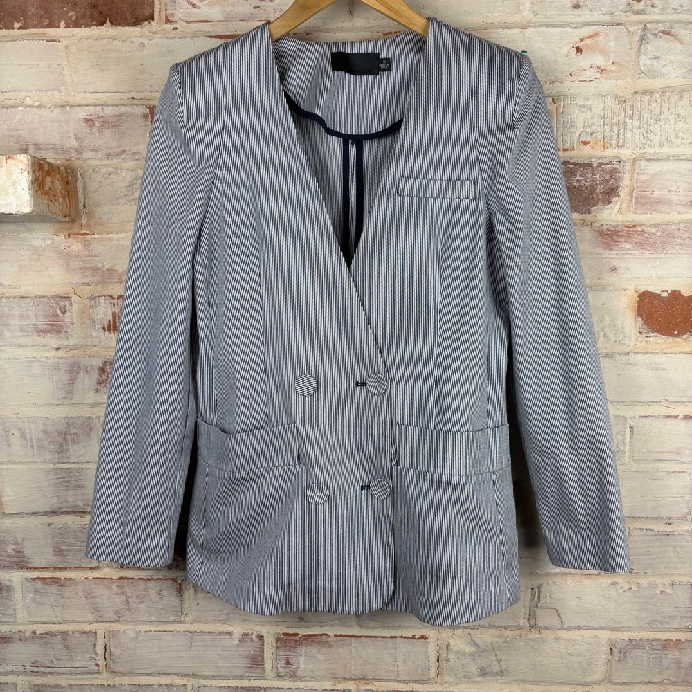 Line and Dot Pinstripe Double Breasted Blazer Unlined Collarless Cotton Navy S